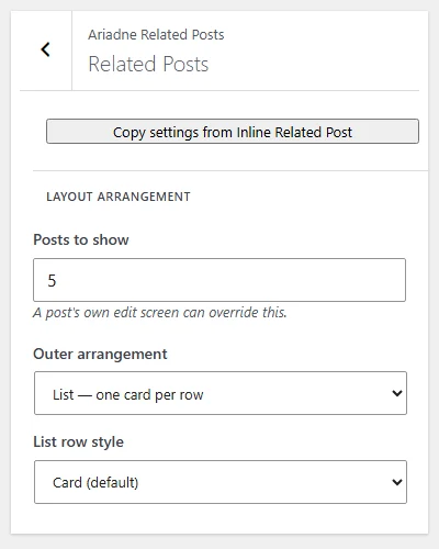 The Layout arrangement group in the Customizer Related Posts section, showing the Posts to show field