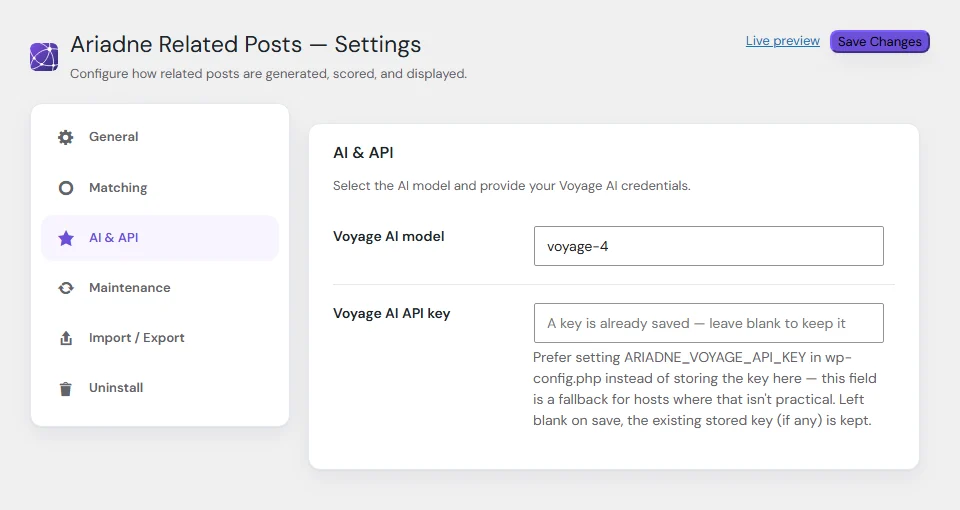 The AI and API tab in Ariadne Settings, showing the Voyage AI model and API key fields