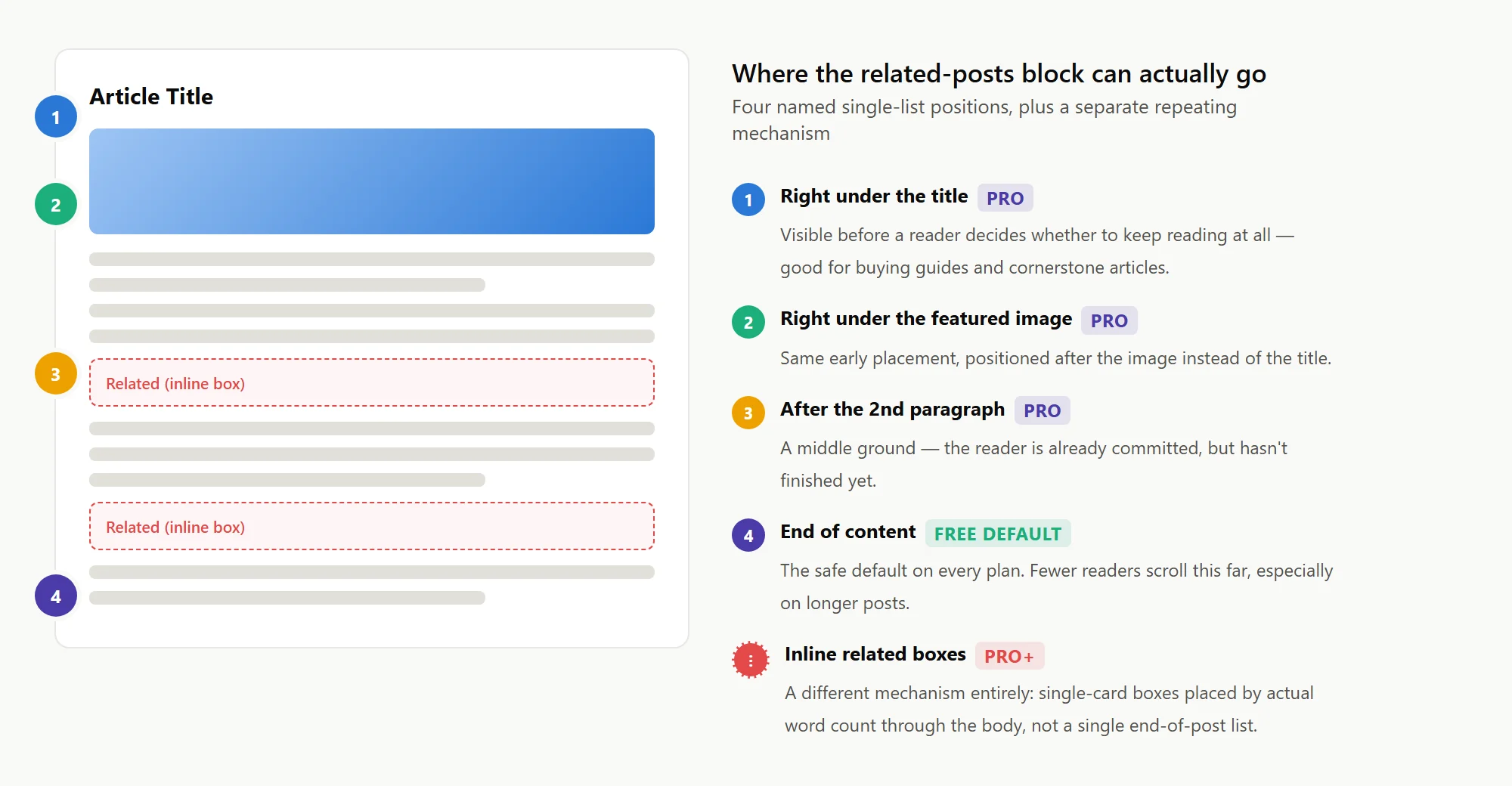 Diagram of an article showing four named placement positions -- under the title, under the featured image, after the second paragraph, and end of content -- plus separate inline related boxes placed through the body