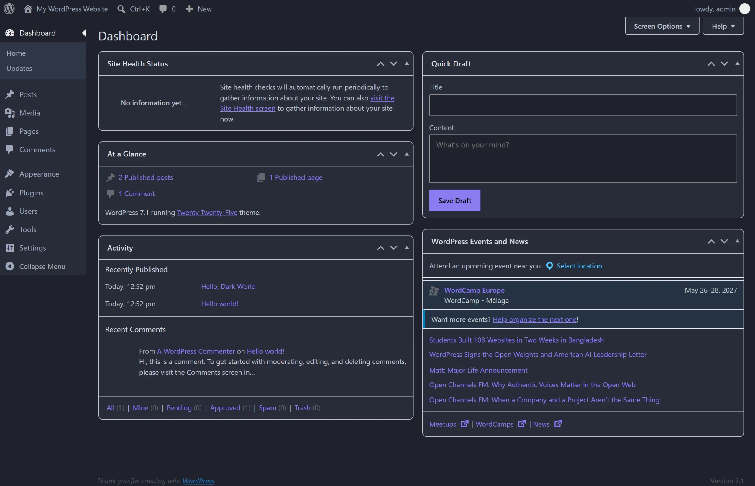 The WordPress Dashboard with the Mawu theme active: dark admin bar, dark sidebar menu, and dark content area with the Site Health, At a Glance, Activity, and Quick Draft widgets