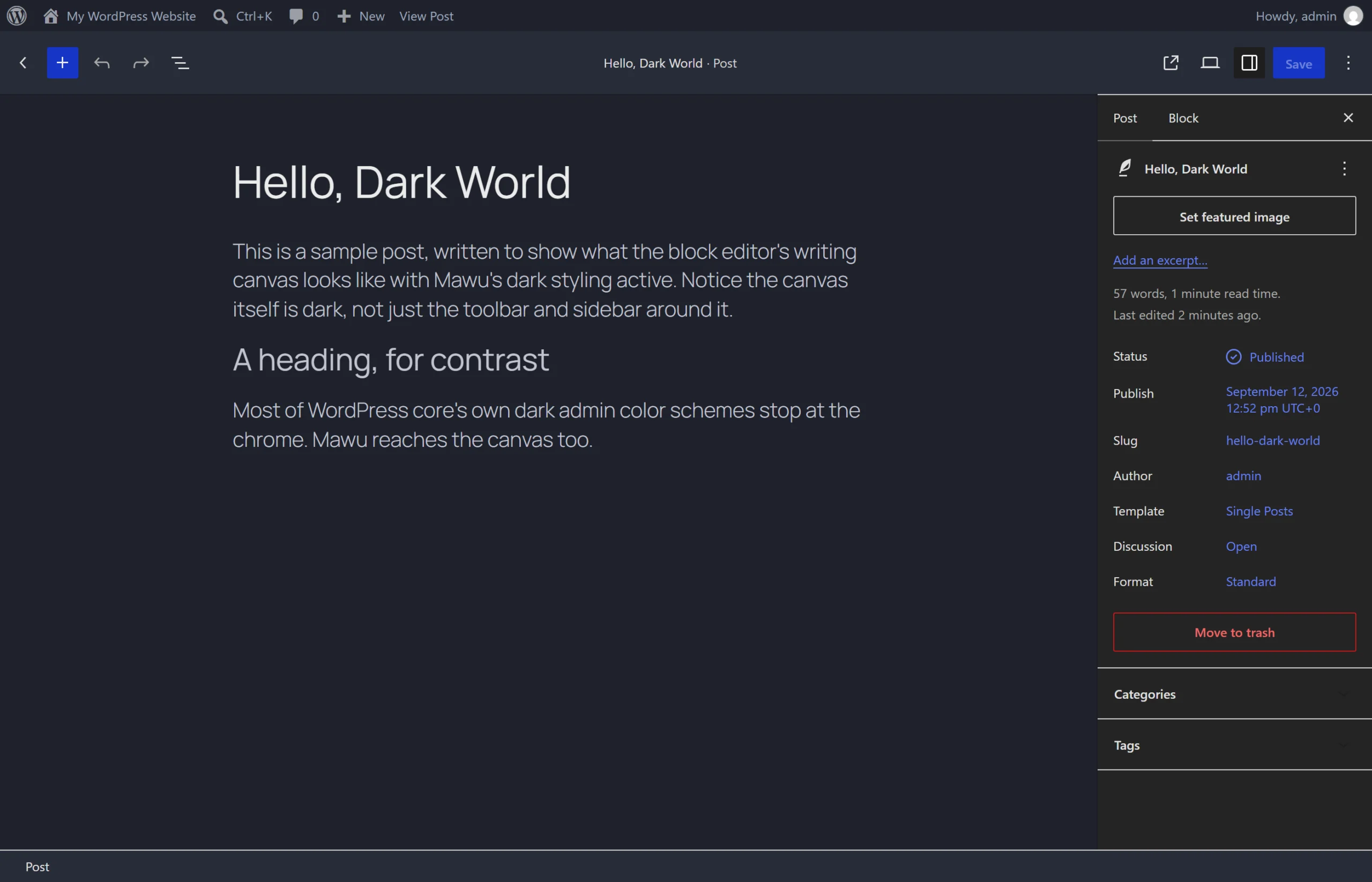 The block editor with Mawu's dark styling active, showing a dark writing canvas with a post title, paragraph, and heading, not just a dark toolbar