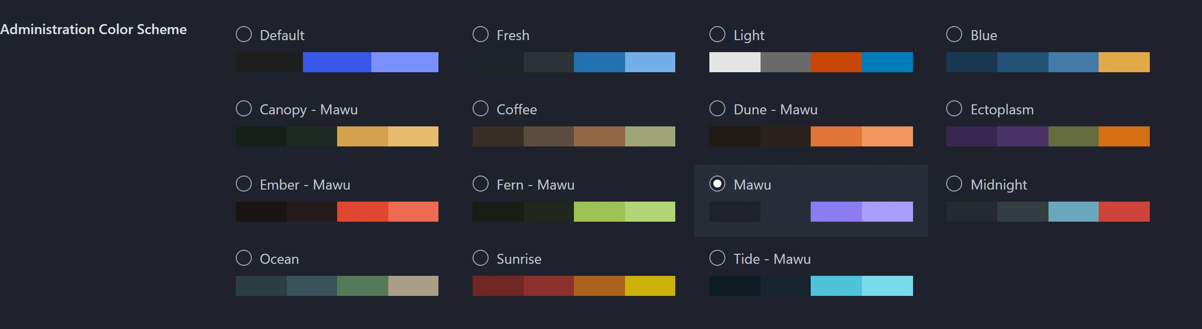 The WordPress Admin Color Scheme picker on Users, Profile, showing Mawu's themes alongside WordPress's own built-in schemes, with Mawu selected