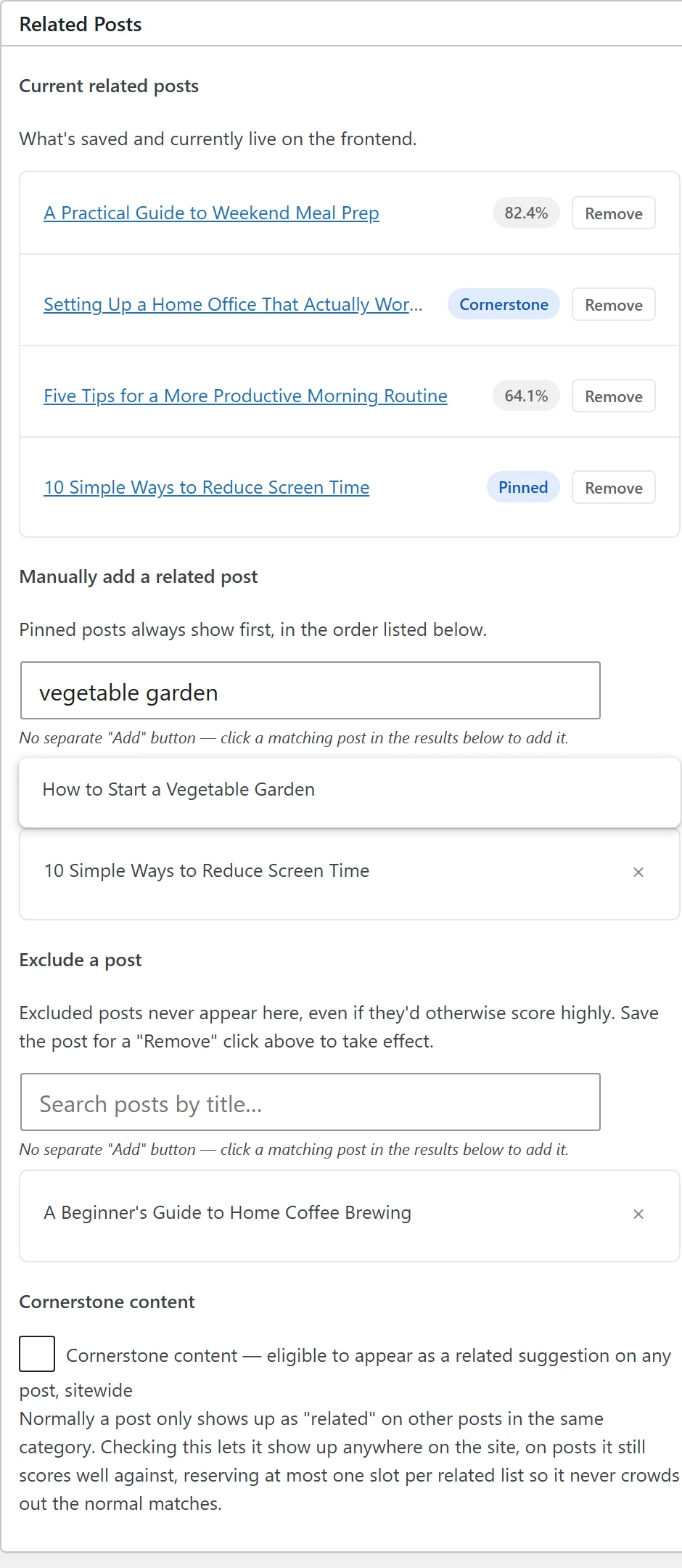 The Related Posts meta box on the post-edit screen, showing the current scored related list, manual pin and exclude search fields, and the Cornerstone content checkbox
