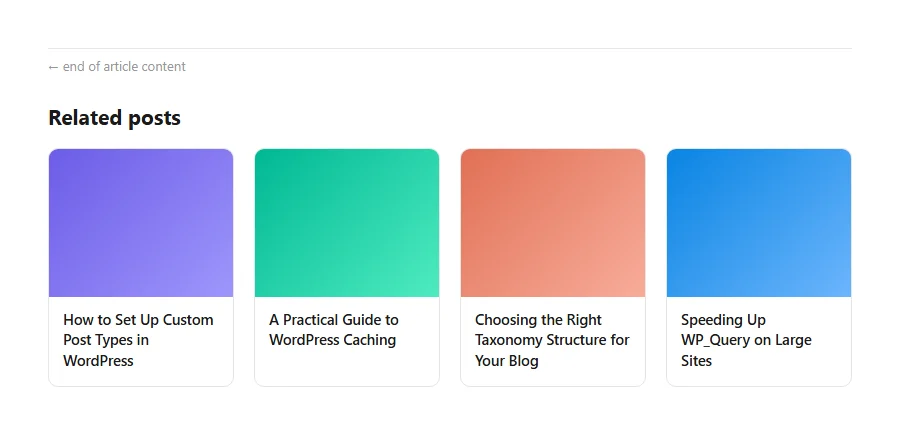 Four related-post cards in a row, each with a colored thumbnail and title, showing the CSS card layout on a normal screen width