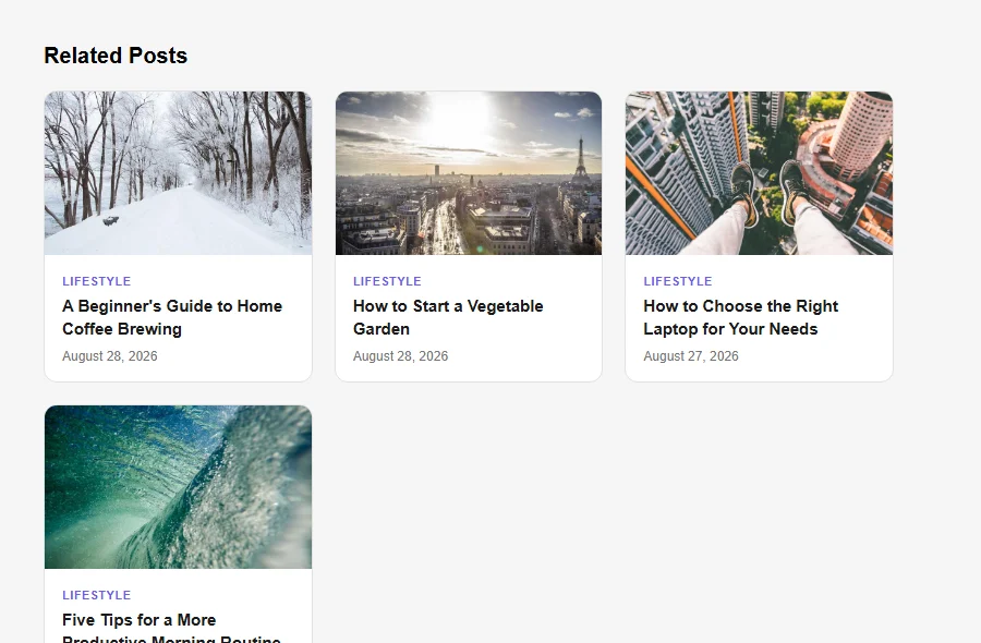 A grid of related-post cards with images, category labels, titles, and dates, produced by the Clean Cards starter CSS