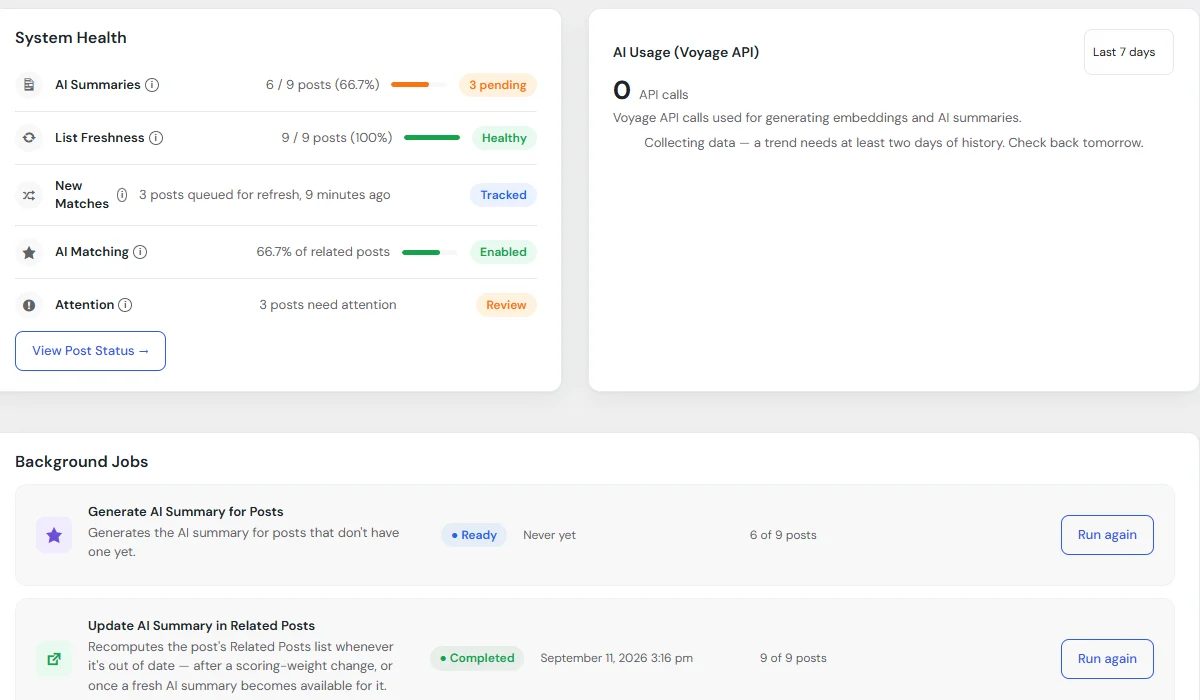 The System Health panel showing all five rows -- AI Summaries, List Freshness, New Matches, AI Matching, and Attention -- with the Background Jobs section below it