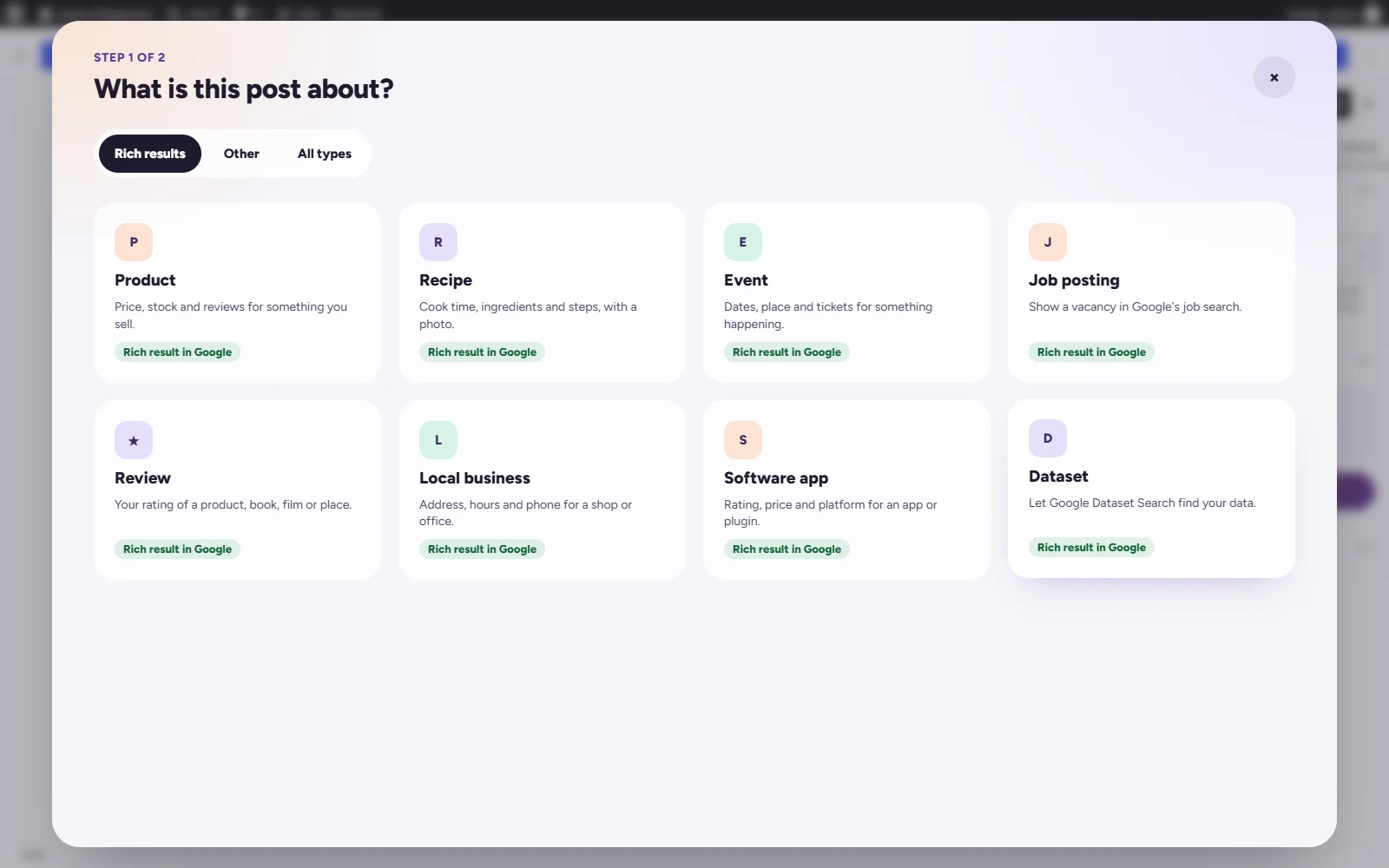 The Anansi SEO schema builder in the post editor, step 1 of 2, asking what the post is about, with cards for Product, Recipe, Event, Job posting, Review, Local business, Software app and Dataset, each marked Rich result in Google