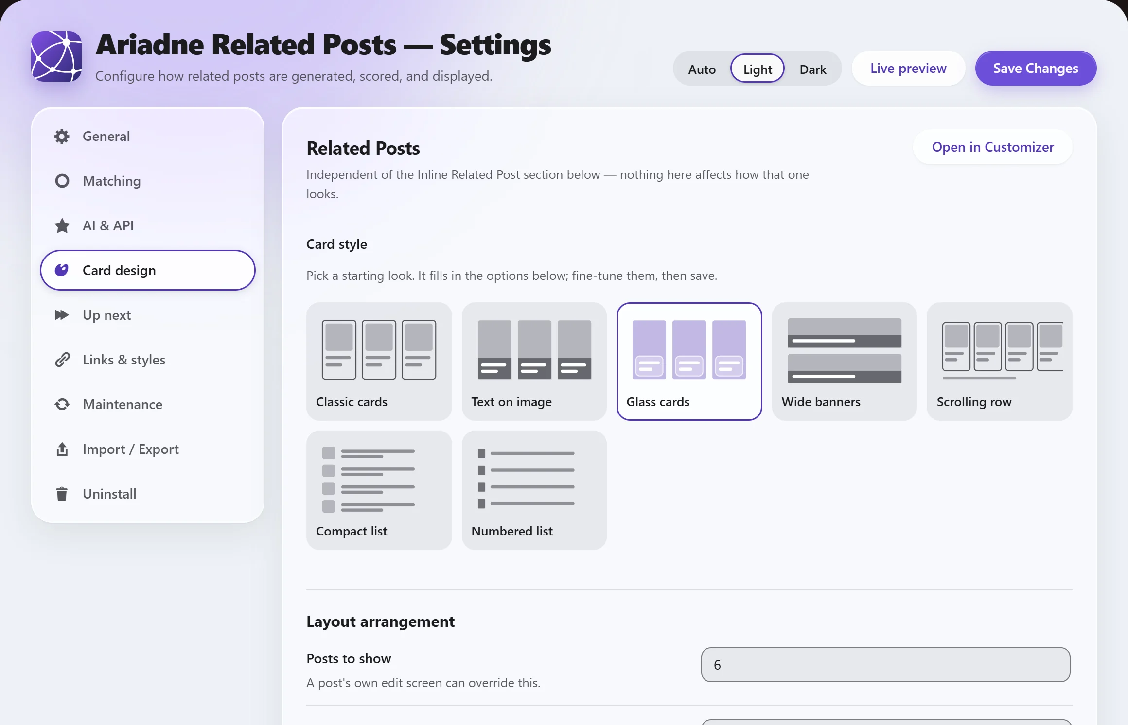 Ariadne Settings on the Card design tab, showing seven card style tiles such as Classic cards, Text on image and Glass cards, above the layout options
