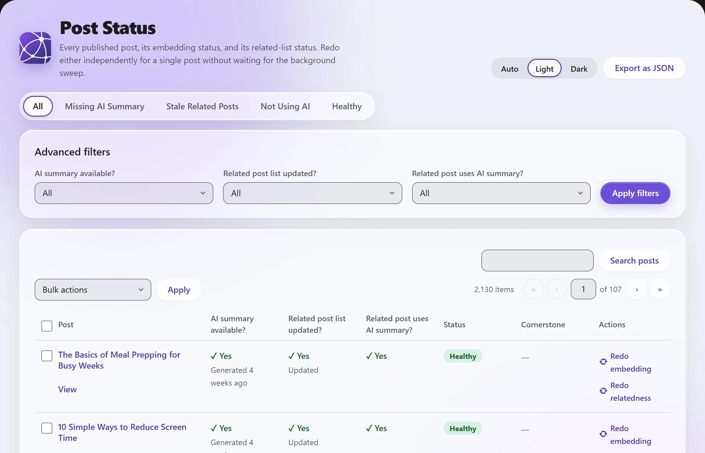 The Ariadne Post Status screen with quick filters, advanced filters and a table of posts marked Healthy, each with redo actions