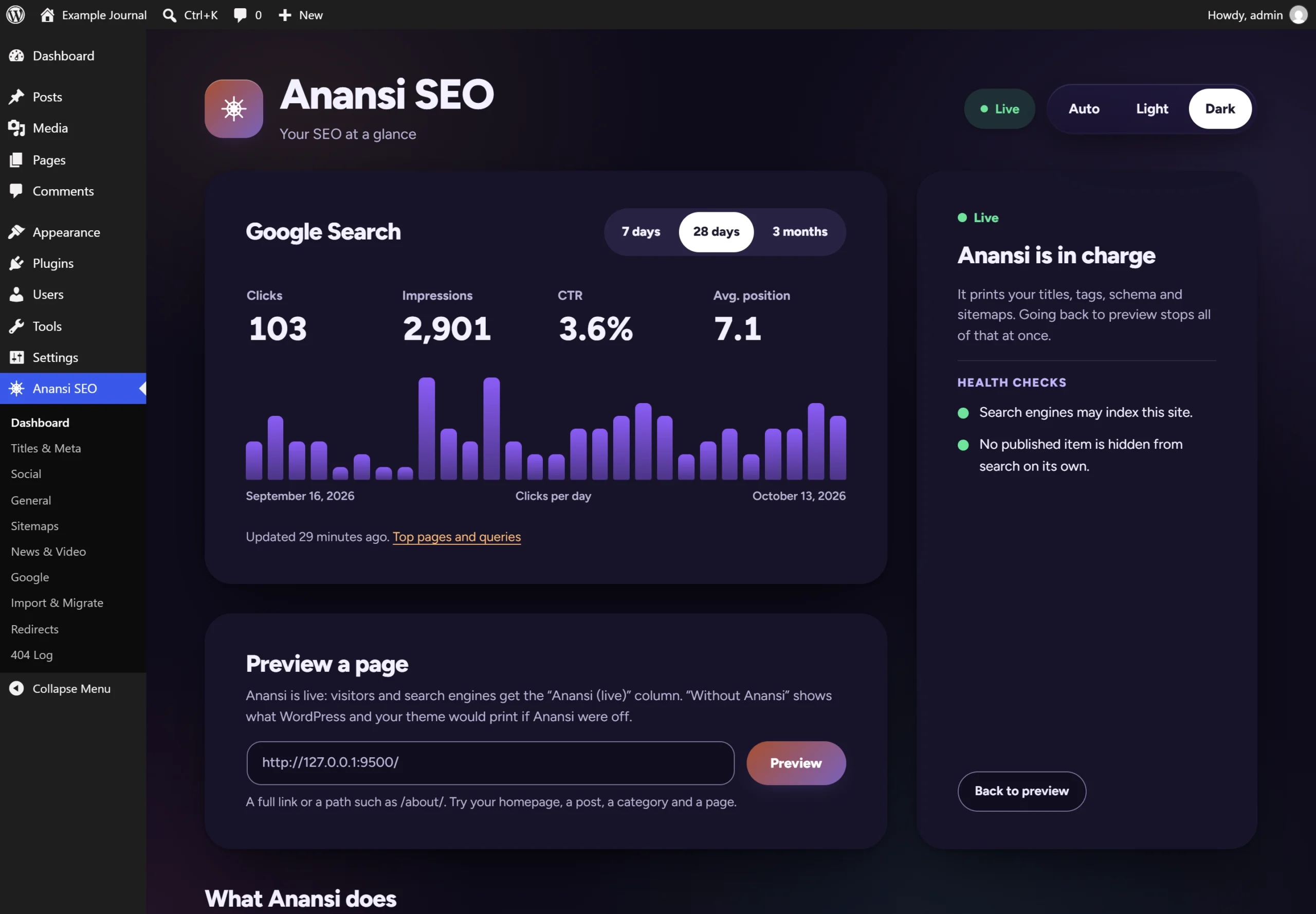 The Anansi SEO dashboard in the dark appearance, with the Google Search card and clicks chart, the Preview a page box and the live status card
