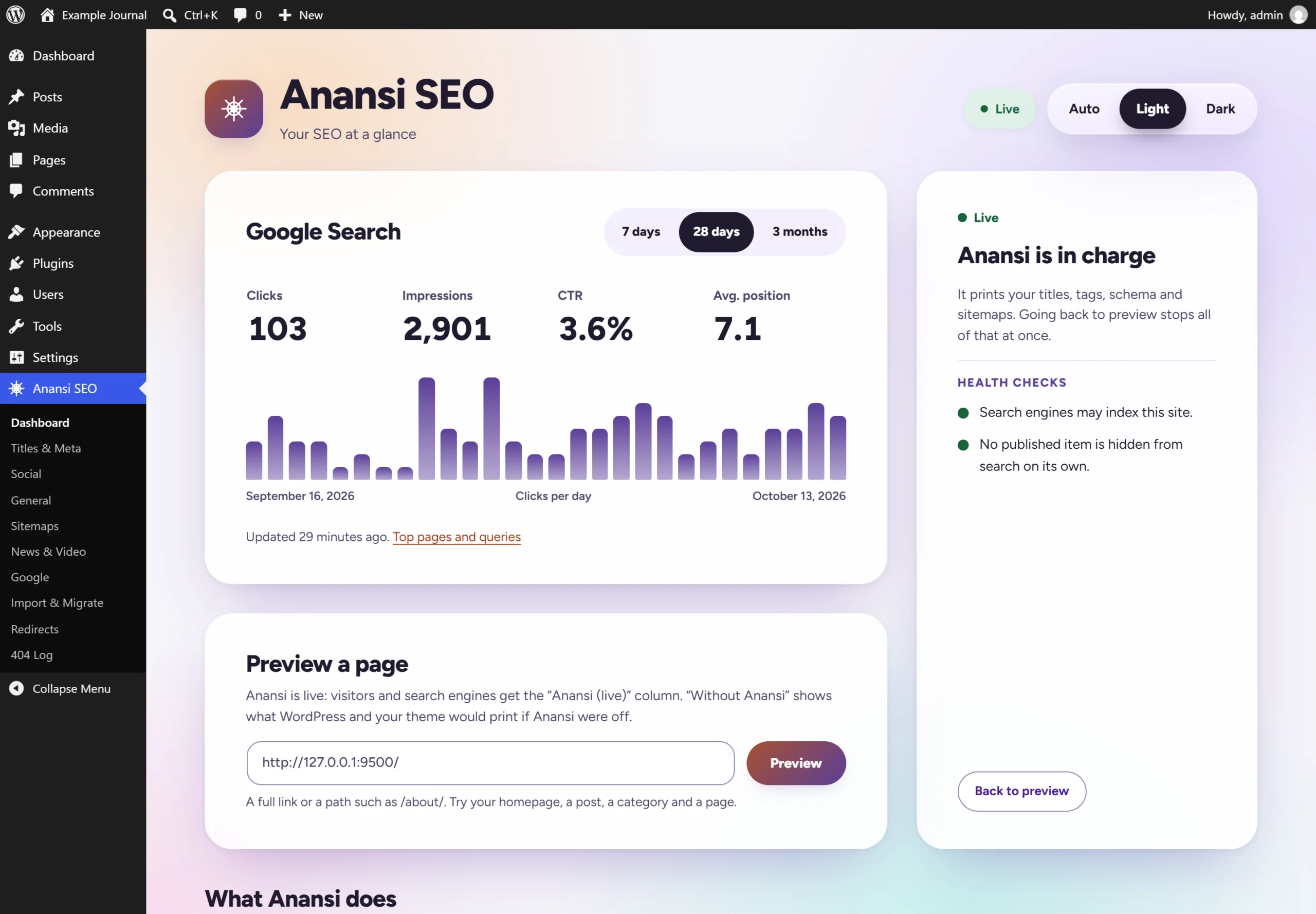 The Anansi SEO dashboard in the light appearance: a Google Search card with clicks, impressions, CTR, average position and a bar chart of clicks per day, a Preview a page box, and a status card saying Anansi is live with its health checks