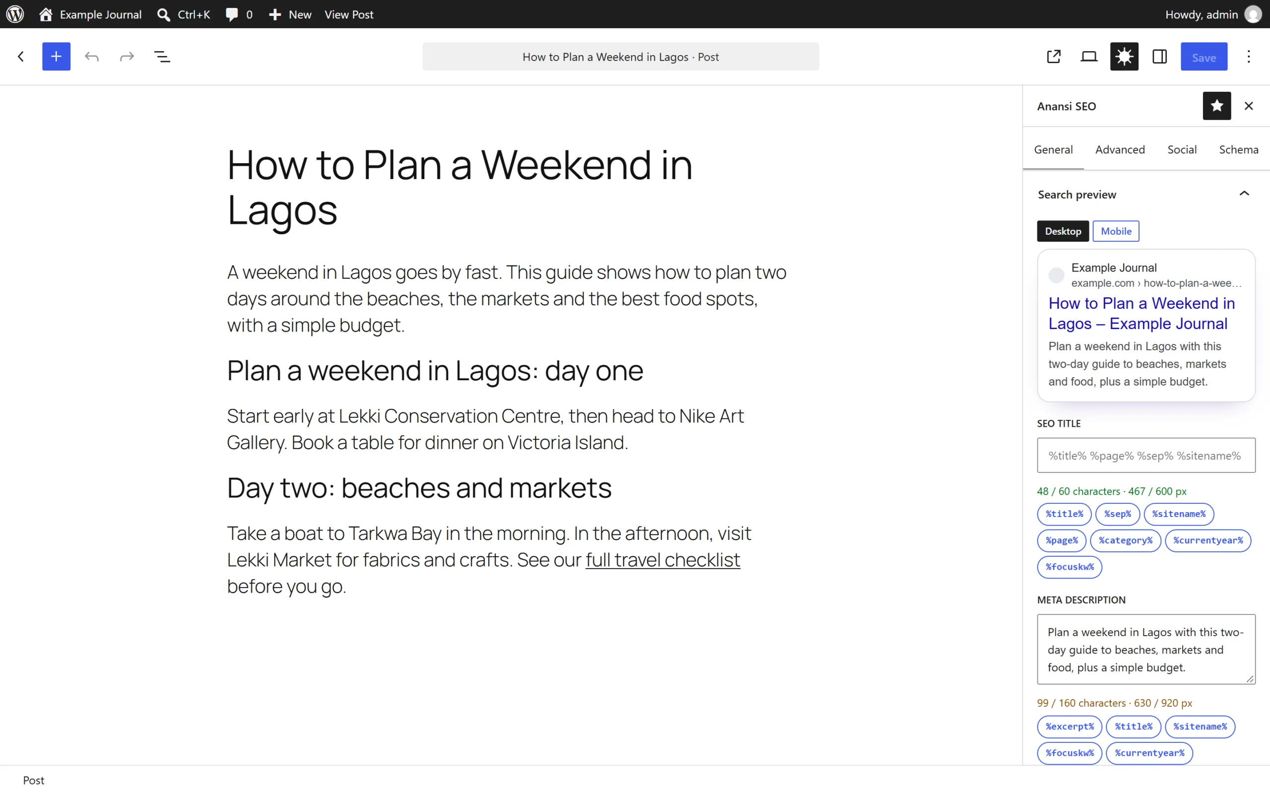 The block editor with the Anansi SEO sidebar open, showing a desktop search preview of the post, the SEO title field with a character and pixel count, and the meta description field