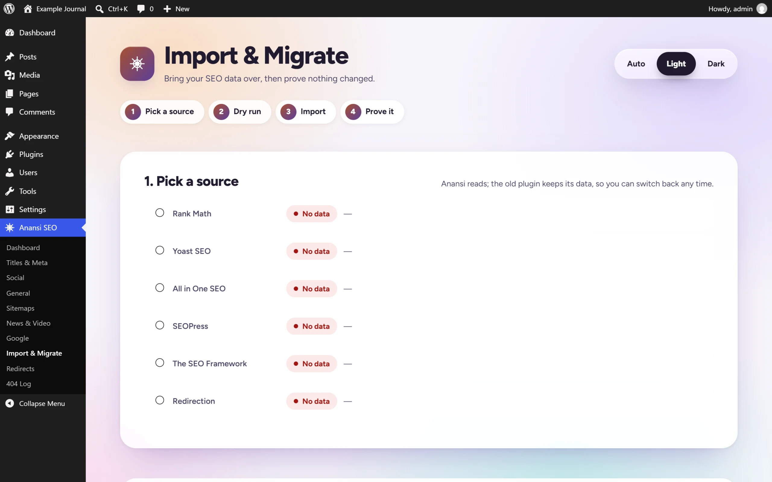 The Anansi SEO Import and Migrate screen with four steps, Pick a source, Dry run, Import and Prove it, and a list of sources: Rank Math, Yoast SEO, All in One SEO, SEOPress, The SEO Framework and Redirection