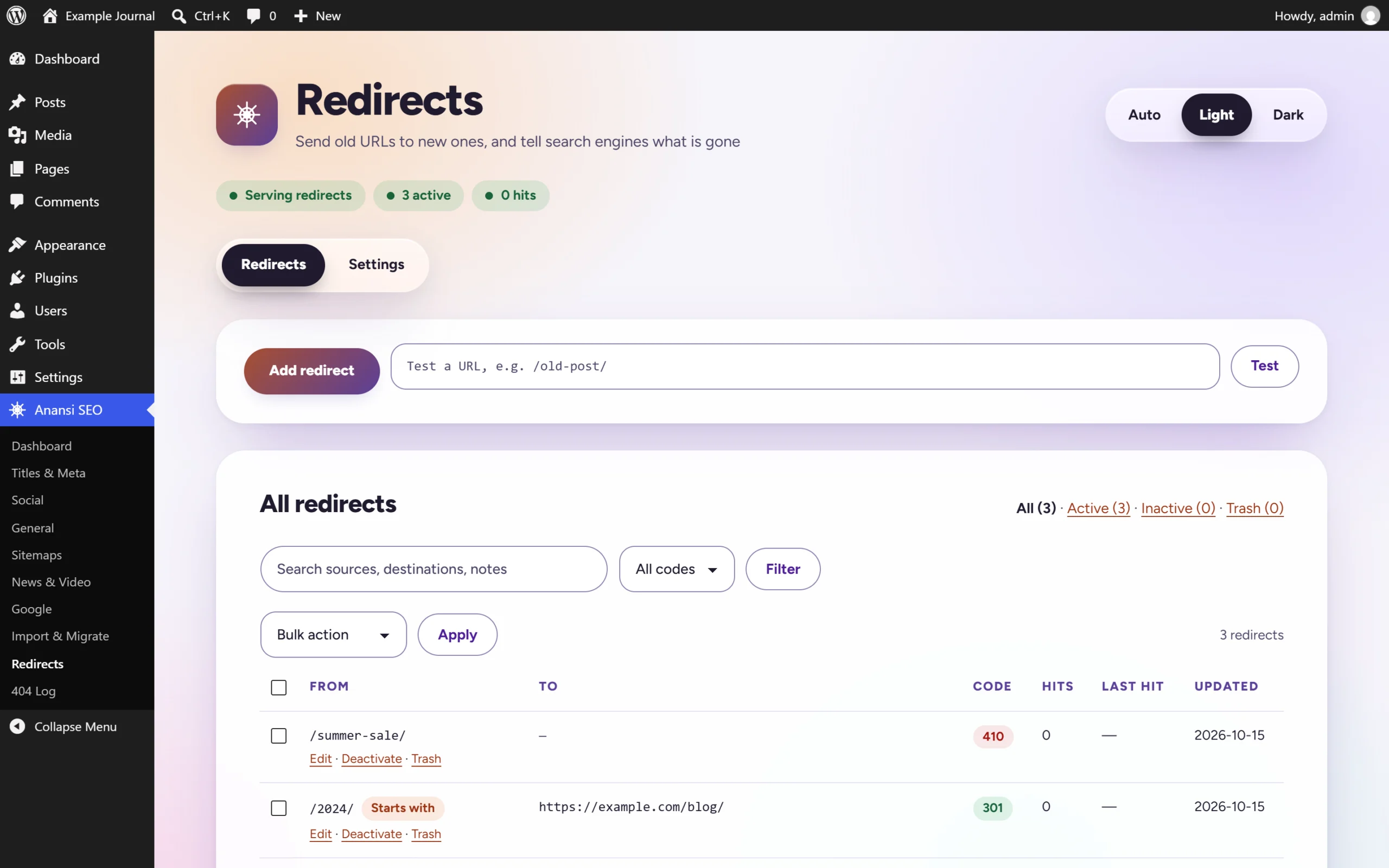 The Anansi SEO Redirects screen with an Add redirect button, a box to test a URL, and a list of redirects showing source, destination, status code, hits and last update