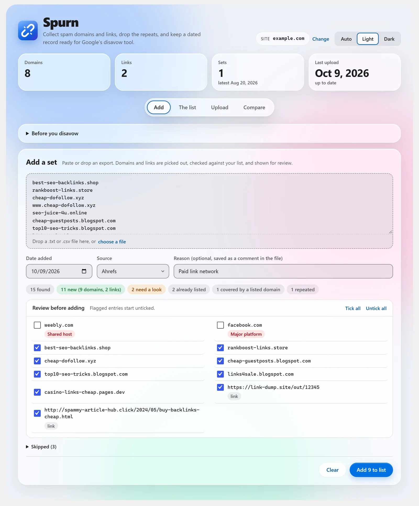 The Spurn Add tab with a pasted list of spam domains, a summary of new, flagged and already listed entries, and a review list where a shared host and a major platform start unticked