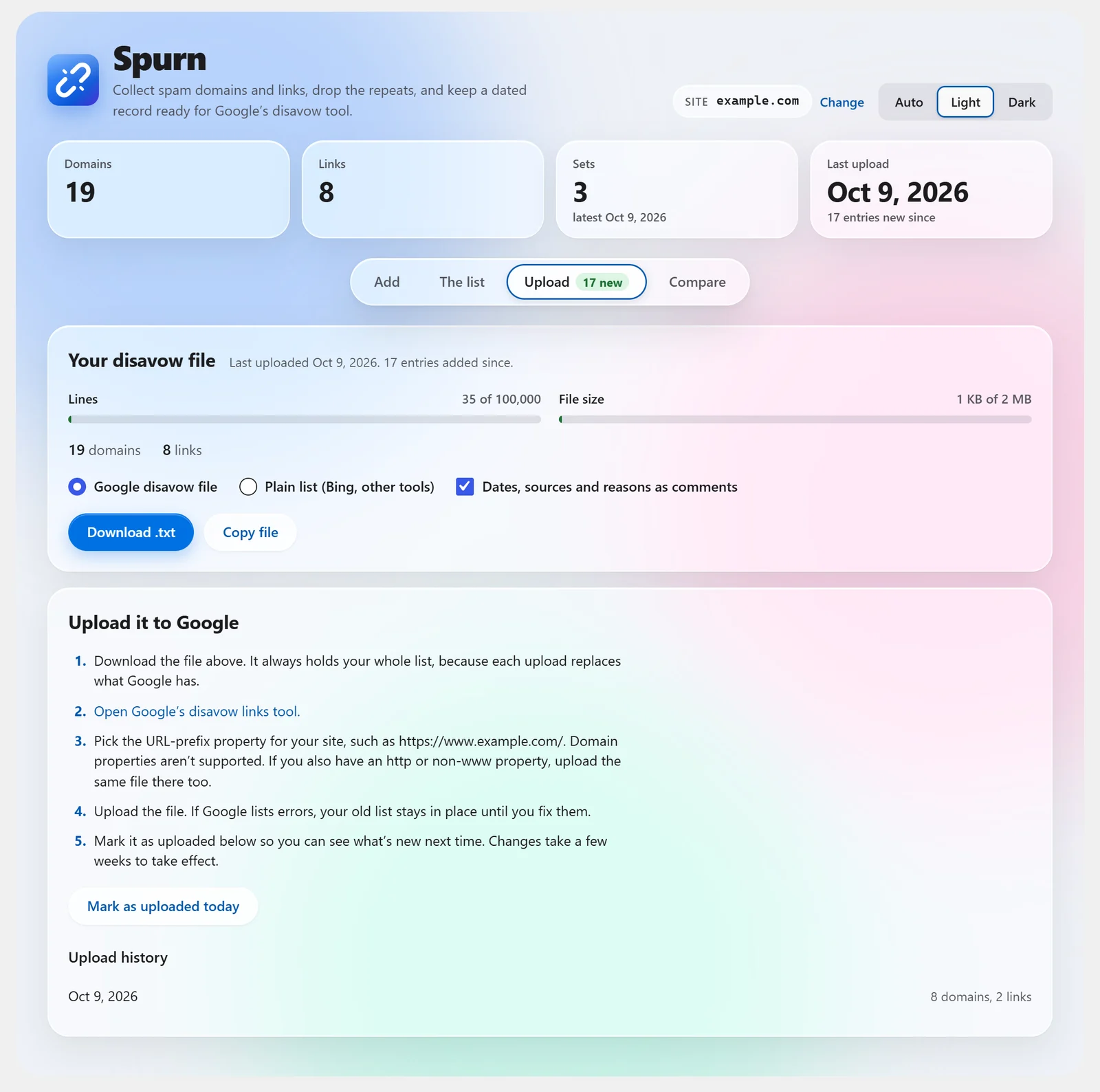The Spurn Upload tab with line and file size meters, format options, download and copy buttons, and the steps for uploading to Google