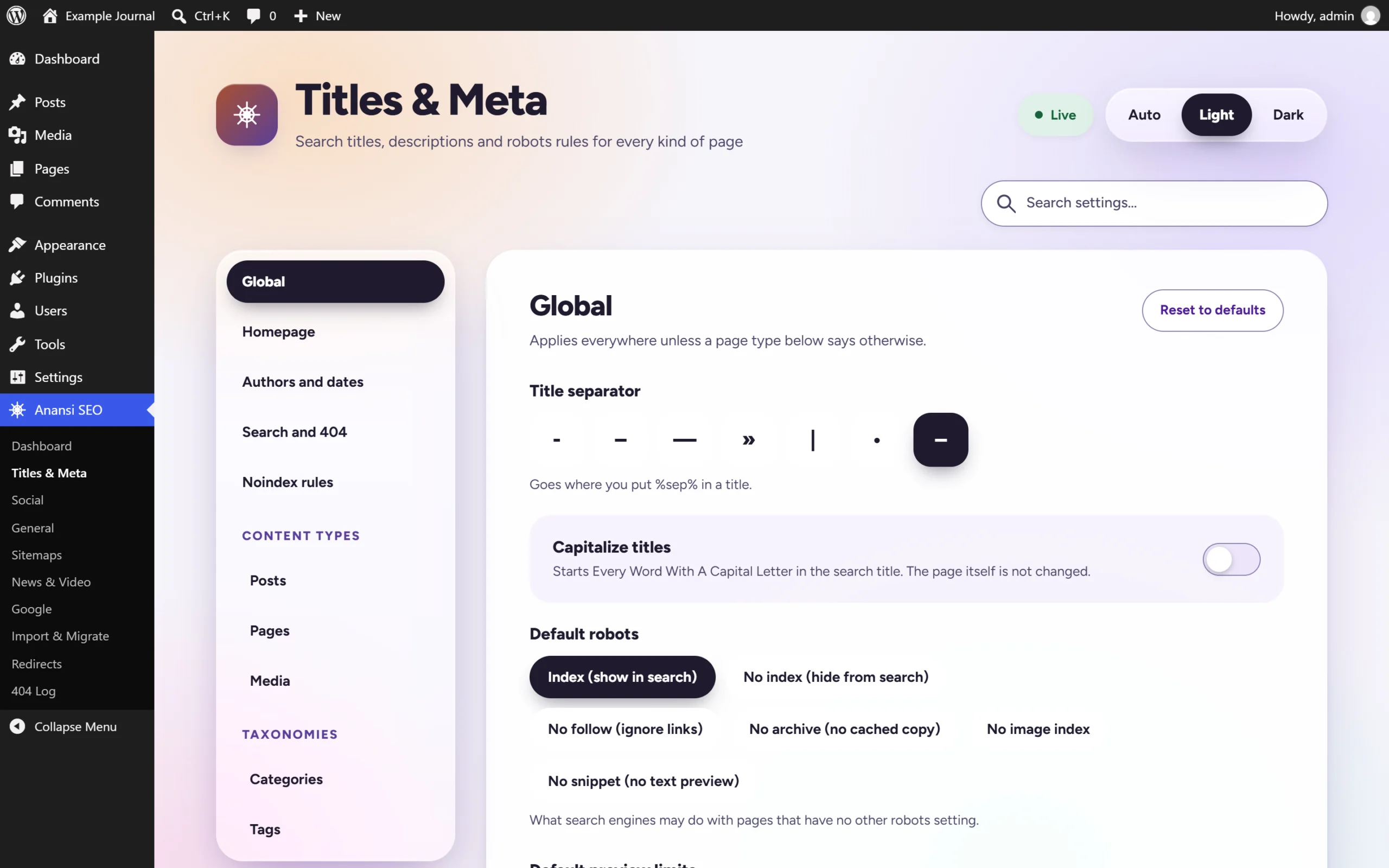 The Anansi SEO Titles and Meta screen with a section menu for global settings, content types and taxonomies, title separator choices, a Capitalize titles switch and default robots options